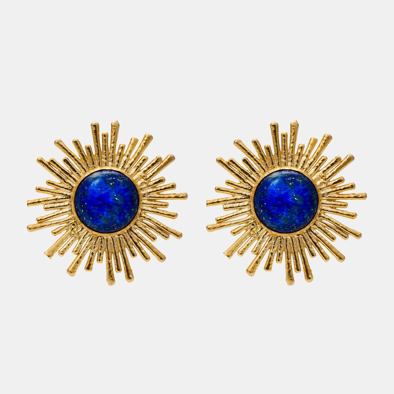 Celestial Radiance gold sunburst earrings featuring deep blue lapis lazuli gemstones