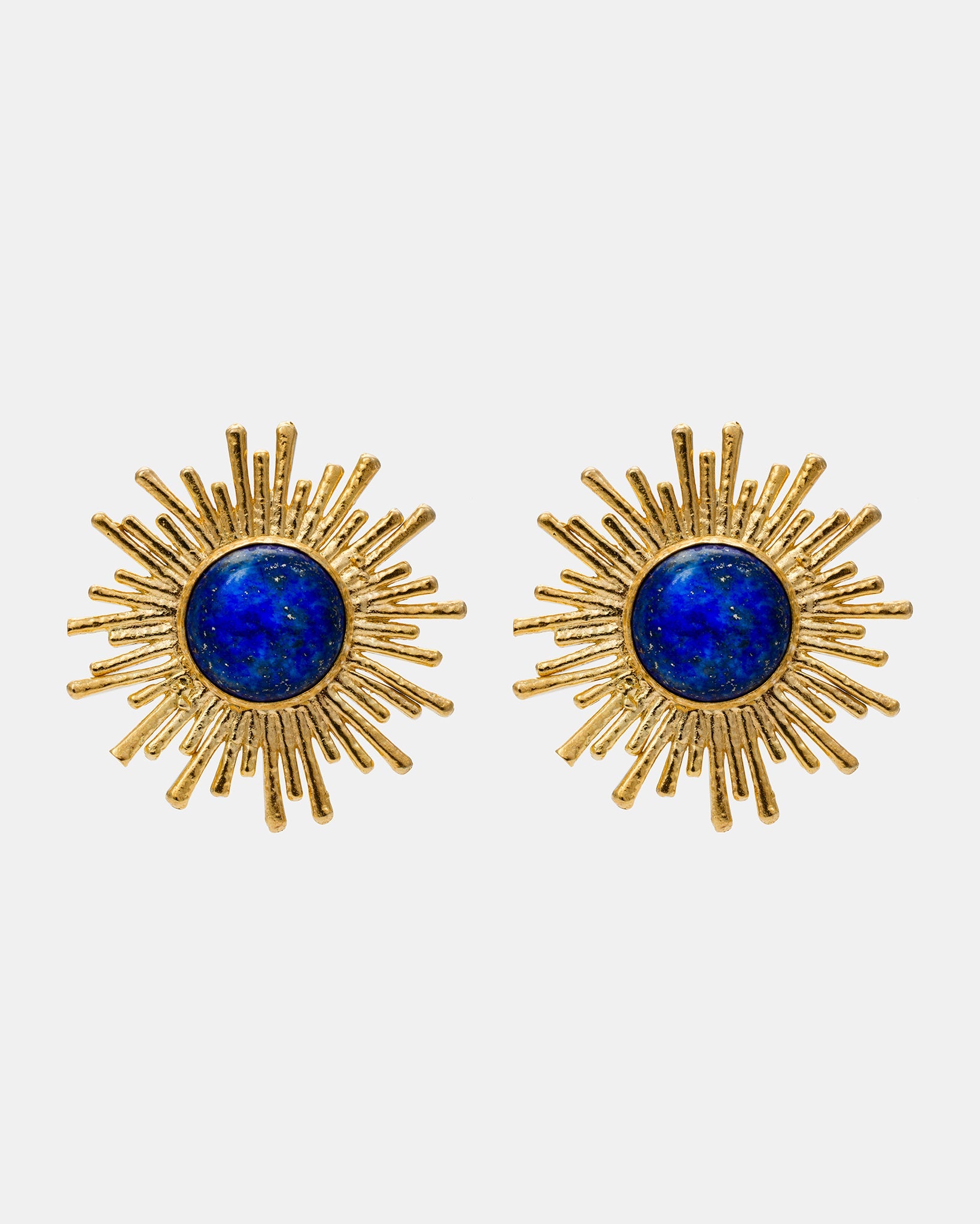 Celestial Radiance gold sunburst earrings featuring deep blue lapis lazuli gemstones
