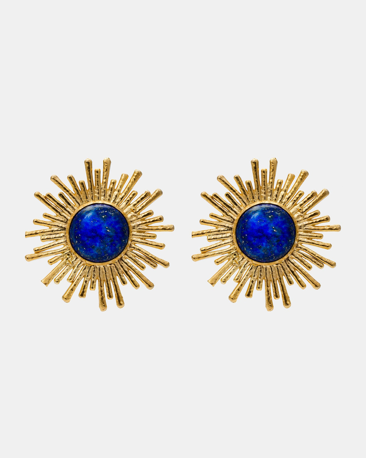 Celestial Radiance gold sunburst earrings featuring deep blue lapis lazuli gemstones