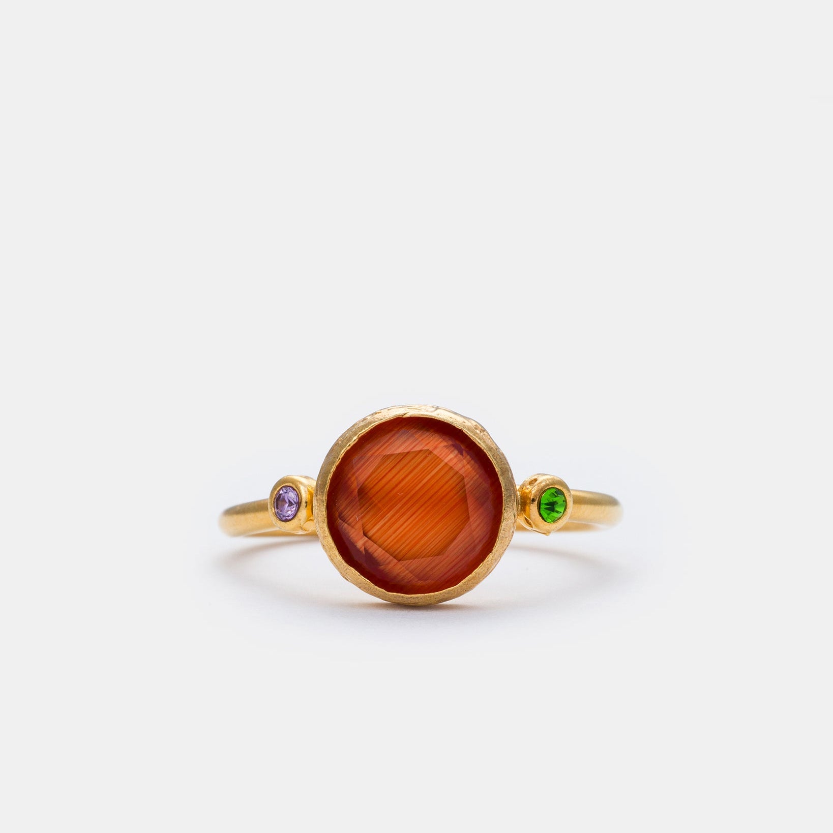 Amber Glow Cat's Eye adjustable ring with golden orange cat eye gemstone and zircon details