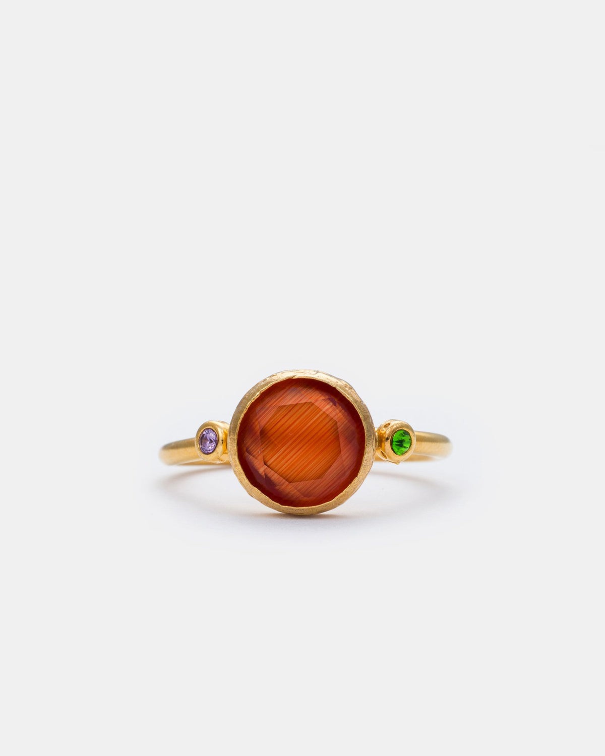 Amber Glow Cat's Eye adjustable ring with golden orange cat eye gemstone and zircon details