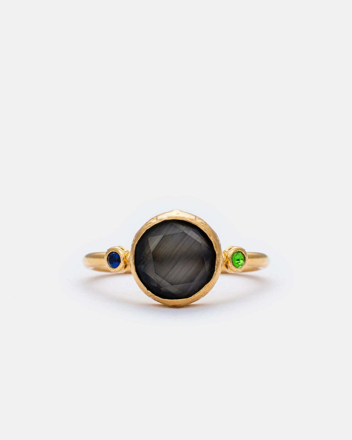 Midnight Aura Cat's Eye adjustable ring with black cat eye stone and gold-plated brass band