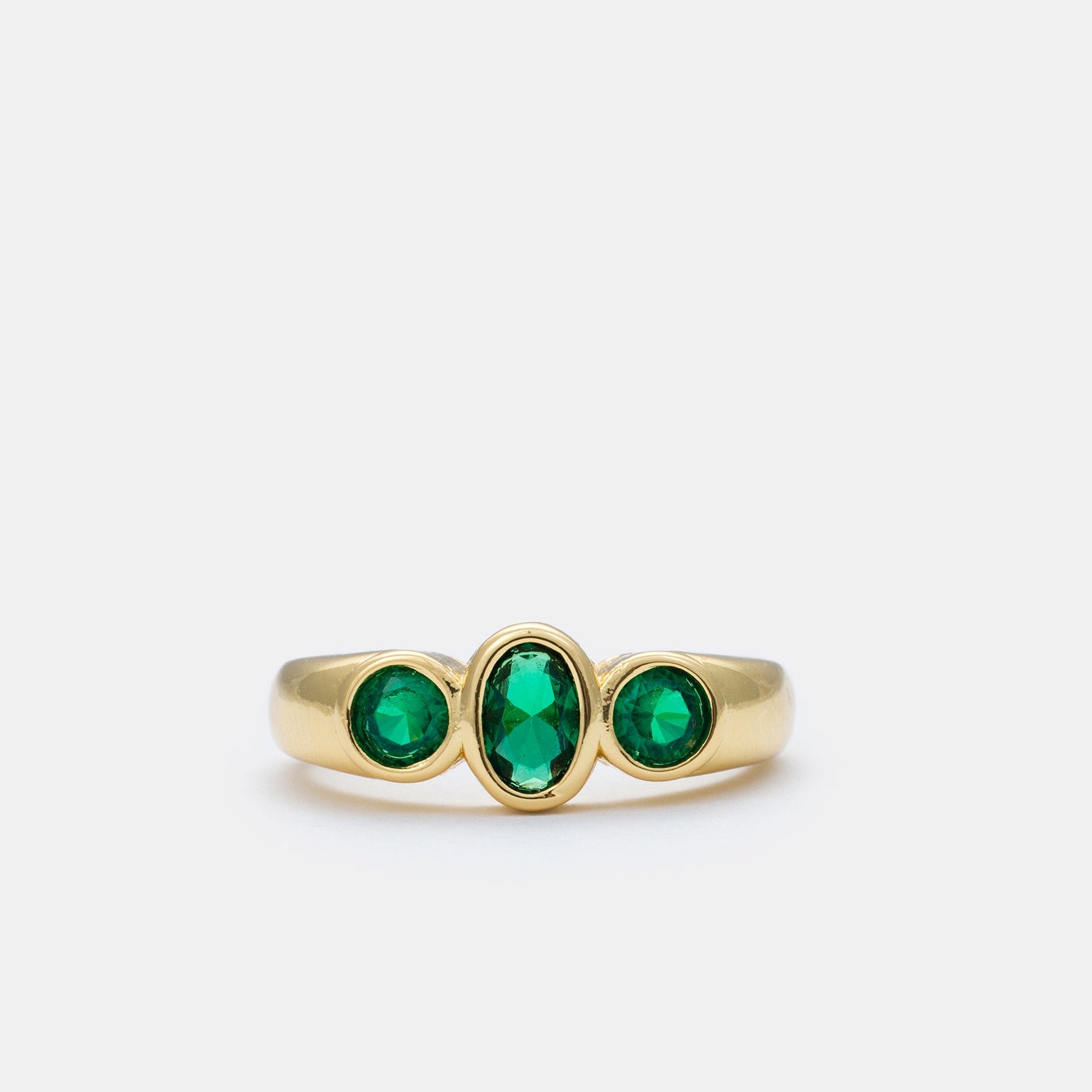 Trinity Spark adjustable gold-plated ring featuring three green zircon stones in a minimalist design