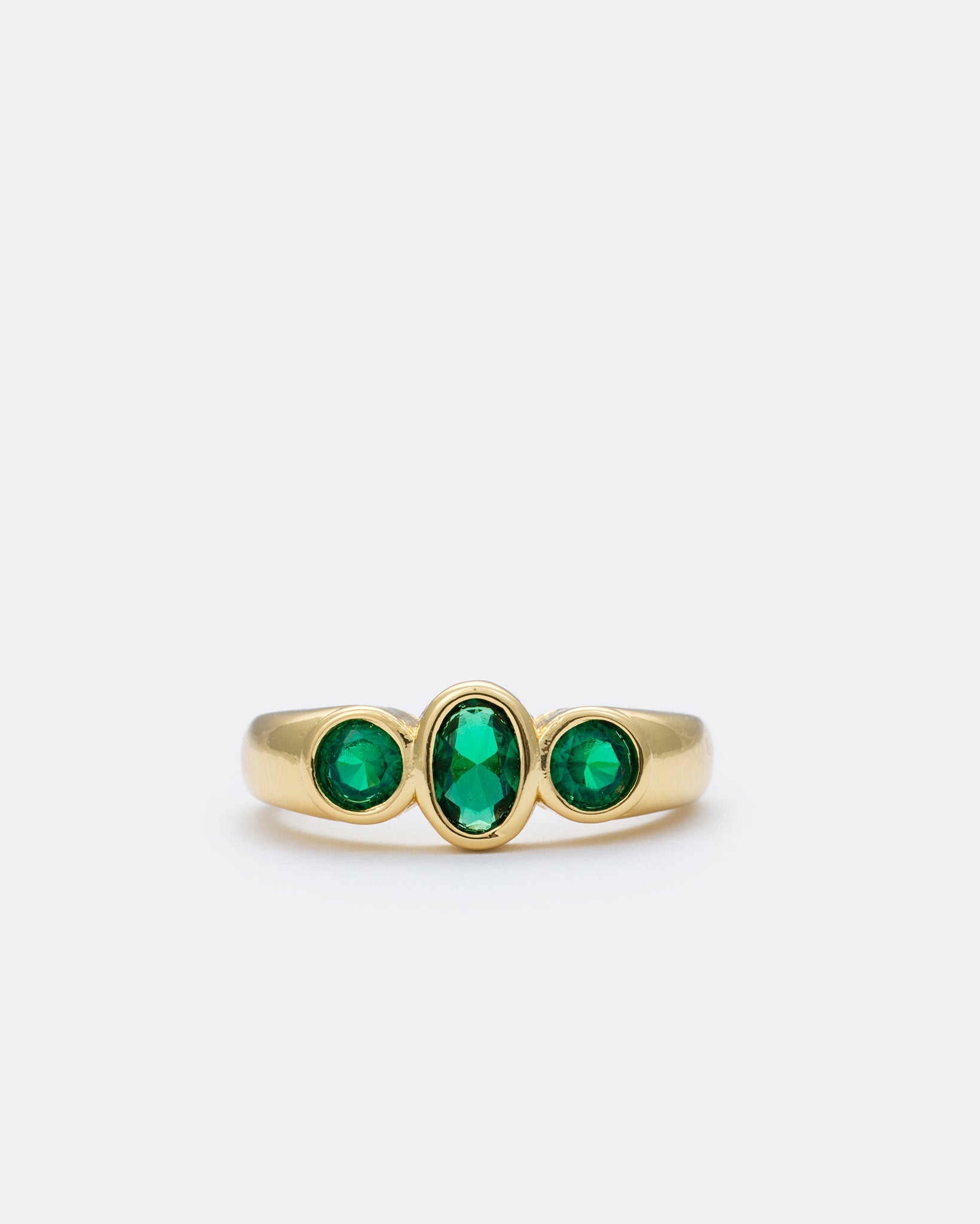 Trinity Spark adjustable gold-plated ring featuring three green zircon stones in a minimalist design