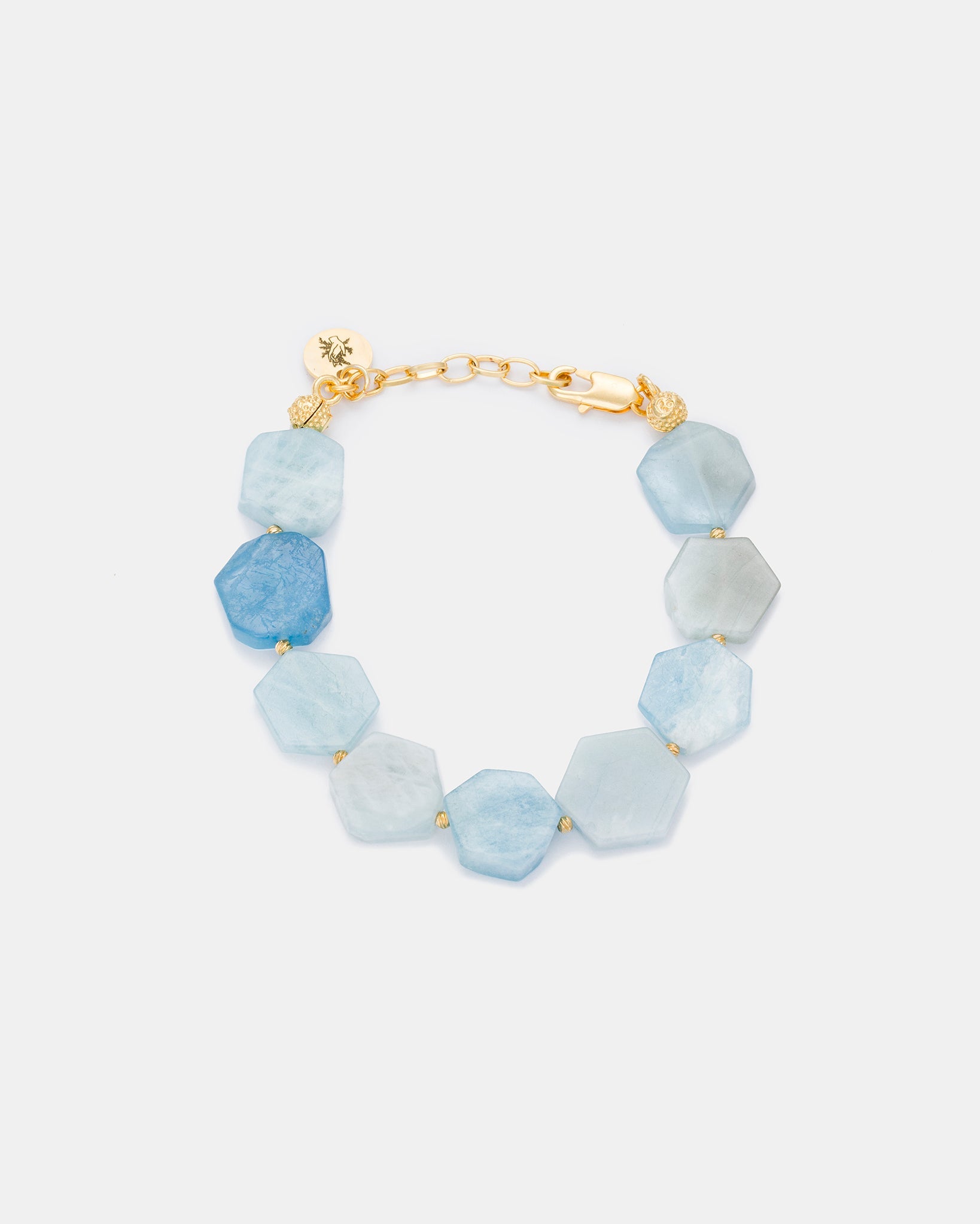 Hexagonal aquamarine gemstone bracelet with gold-plated accents