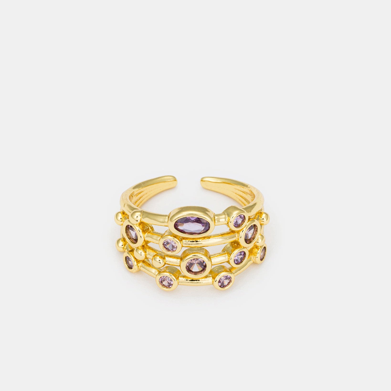 Orbit Cluster adjustable gold-plated ring featuring layered bands and sparkling zircon details