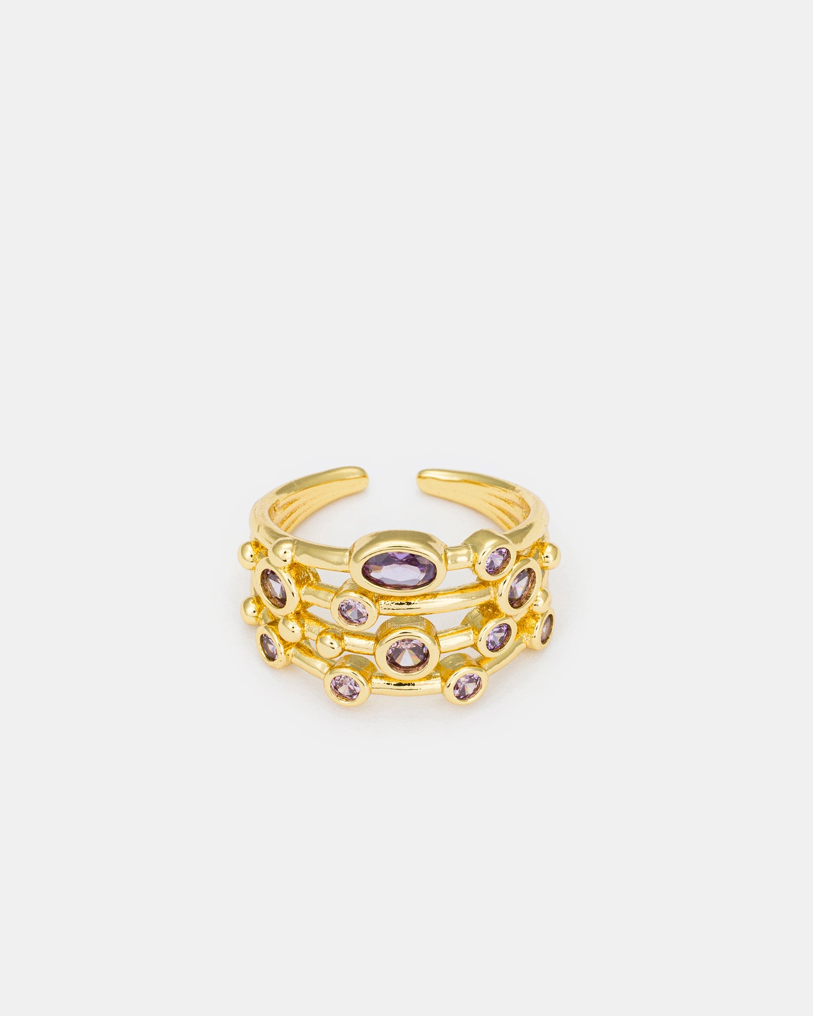 Orbit Cluster adjustable gold-plated ring featuring layered bands and sparkling zircon details