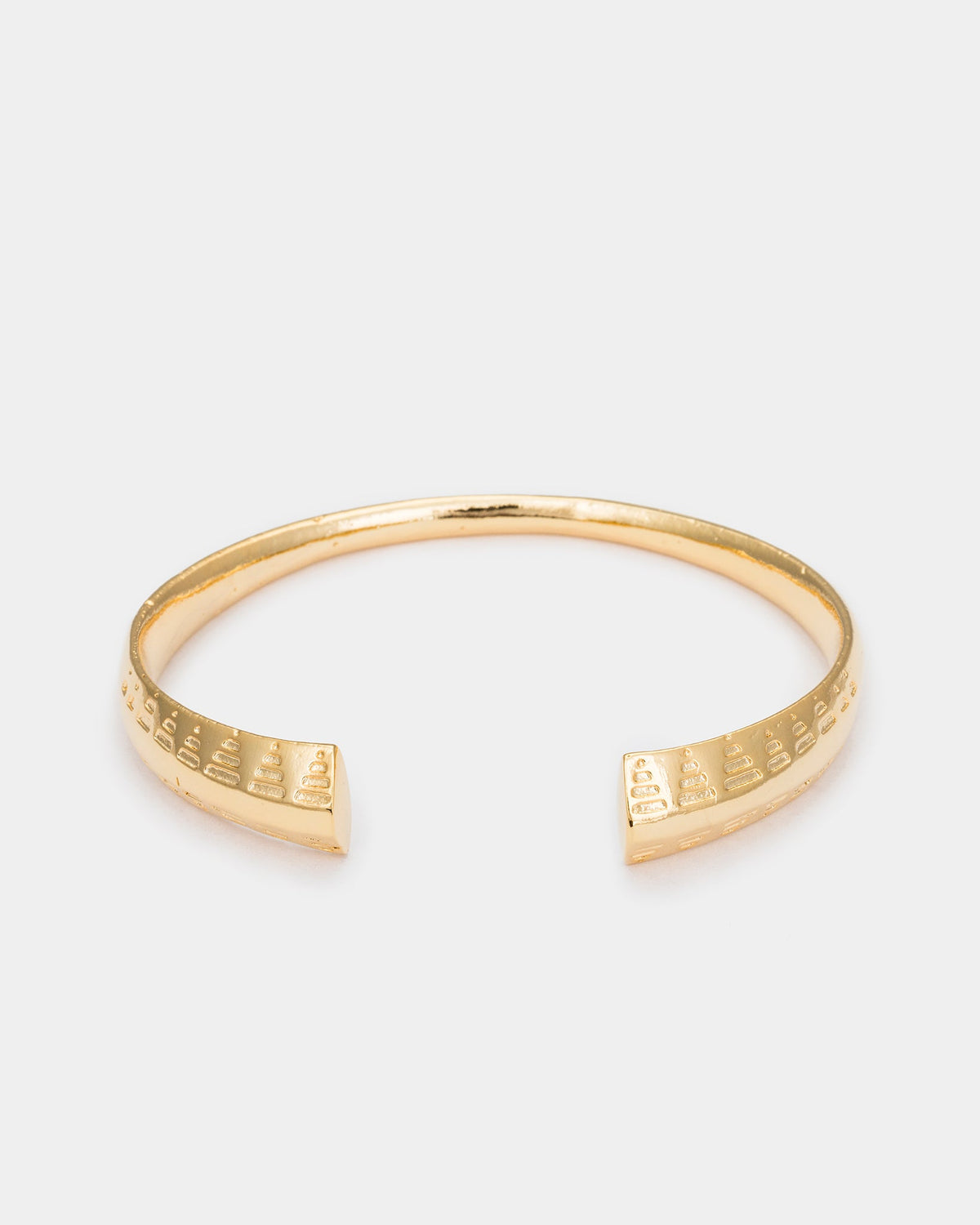 Inscribed Minimalist gold-plated cuff bracelet featuring engraved geometric patterns