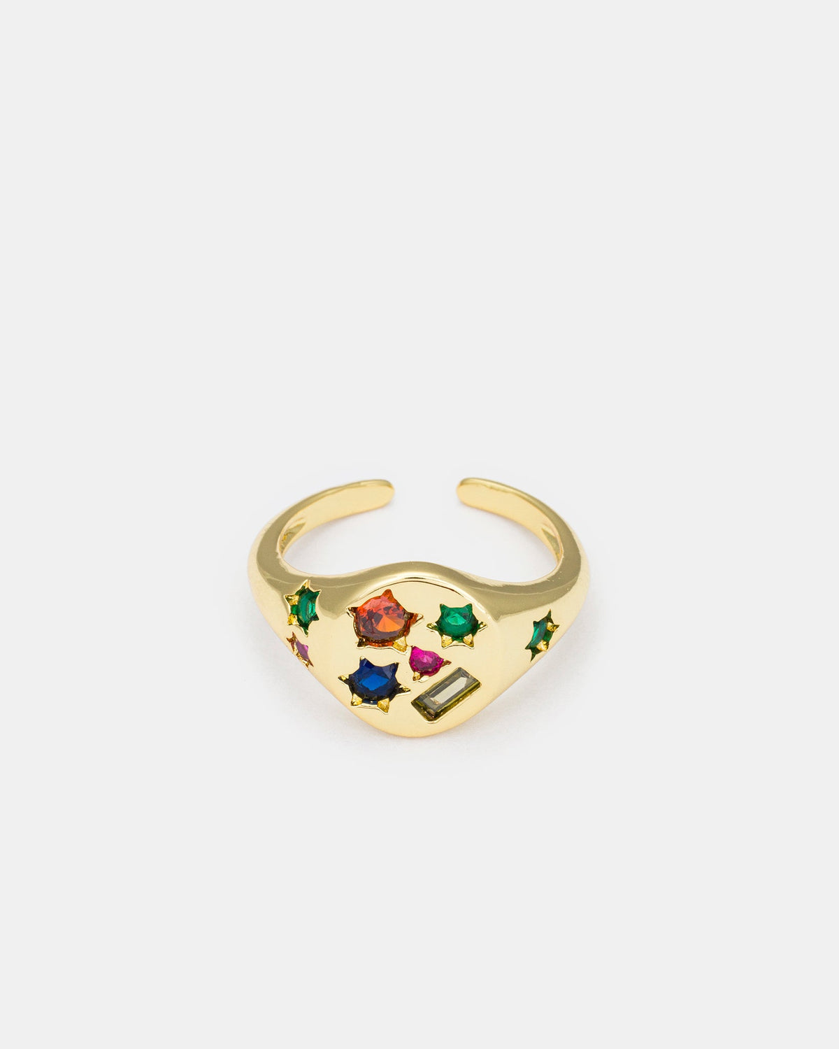 Close-up detail of Celestial Burst gold signet ring featuring multicolor zircon accents