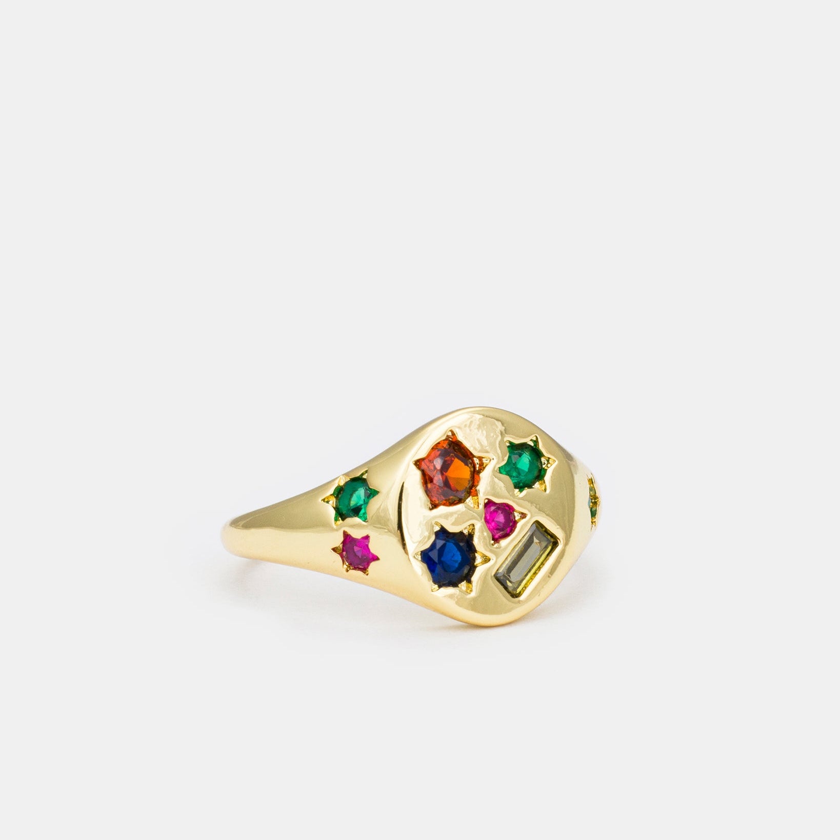 Celestial Burst signet ring with colorful multi-shaped zircon stones and gold-plated brass finish