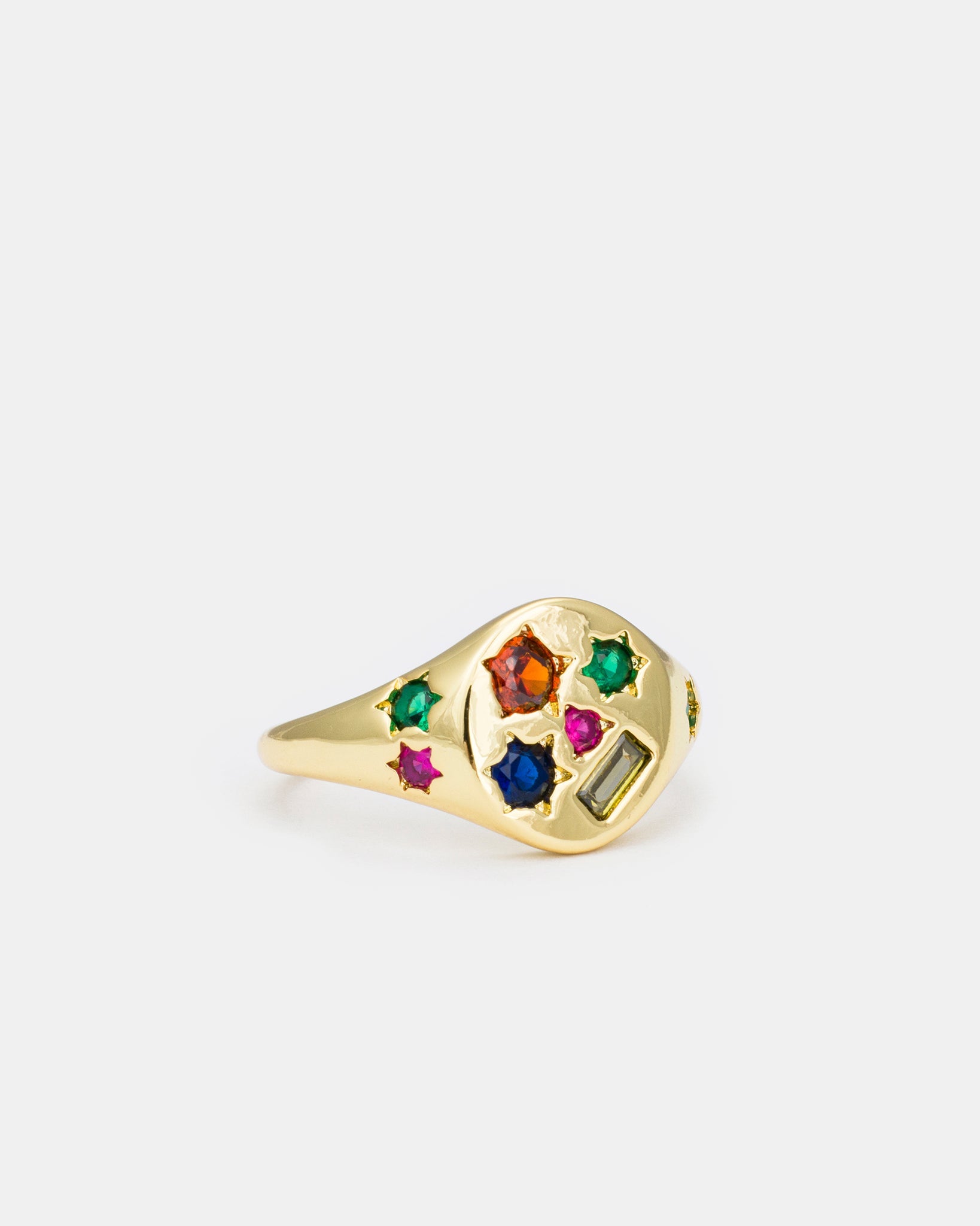 Celestial Burst signet ring with colorful multi-shaped zircon stones and gold-plated brass finish