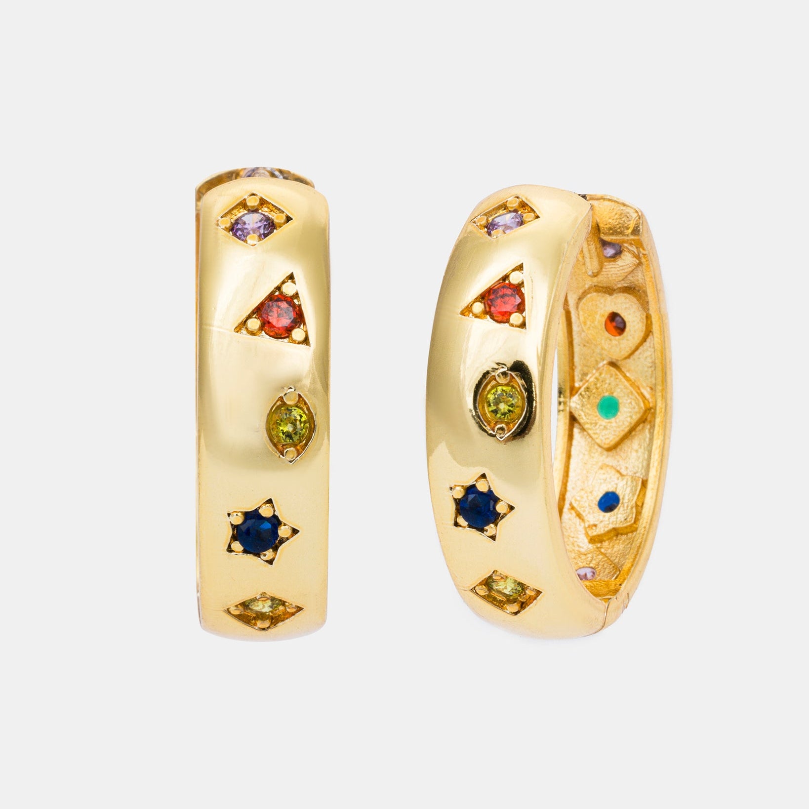 Kaleidoscope gold hoop earrings with colorful cubic zirconia stones
