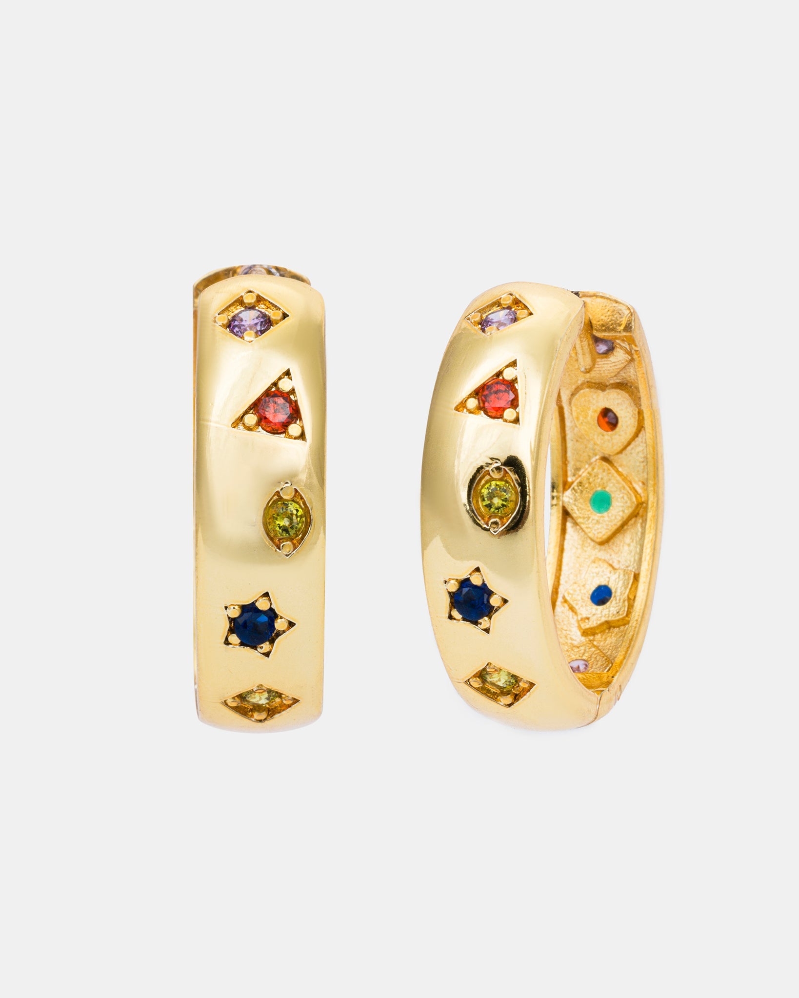 Kaleidoscope gold hoop earrings with colorful cubic zirconia stones