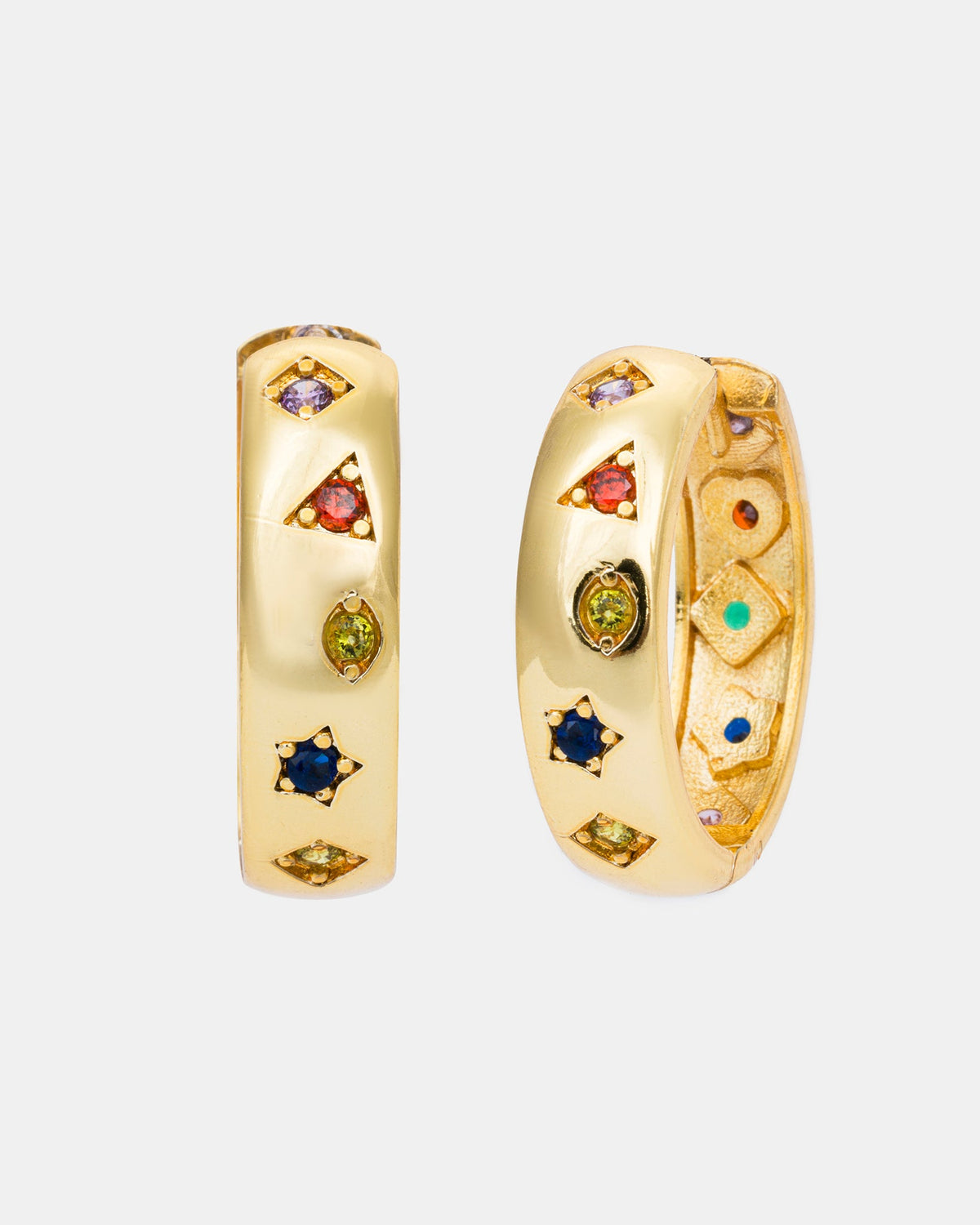 Kaleidoscope gold hoop earrings with colorful cubic zirconia stones