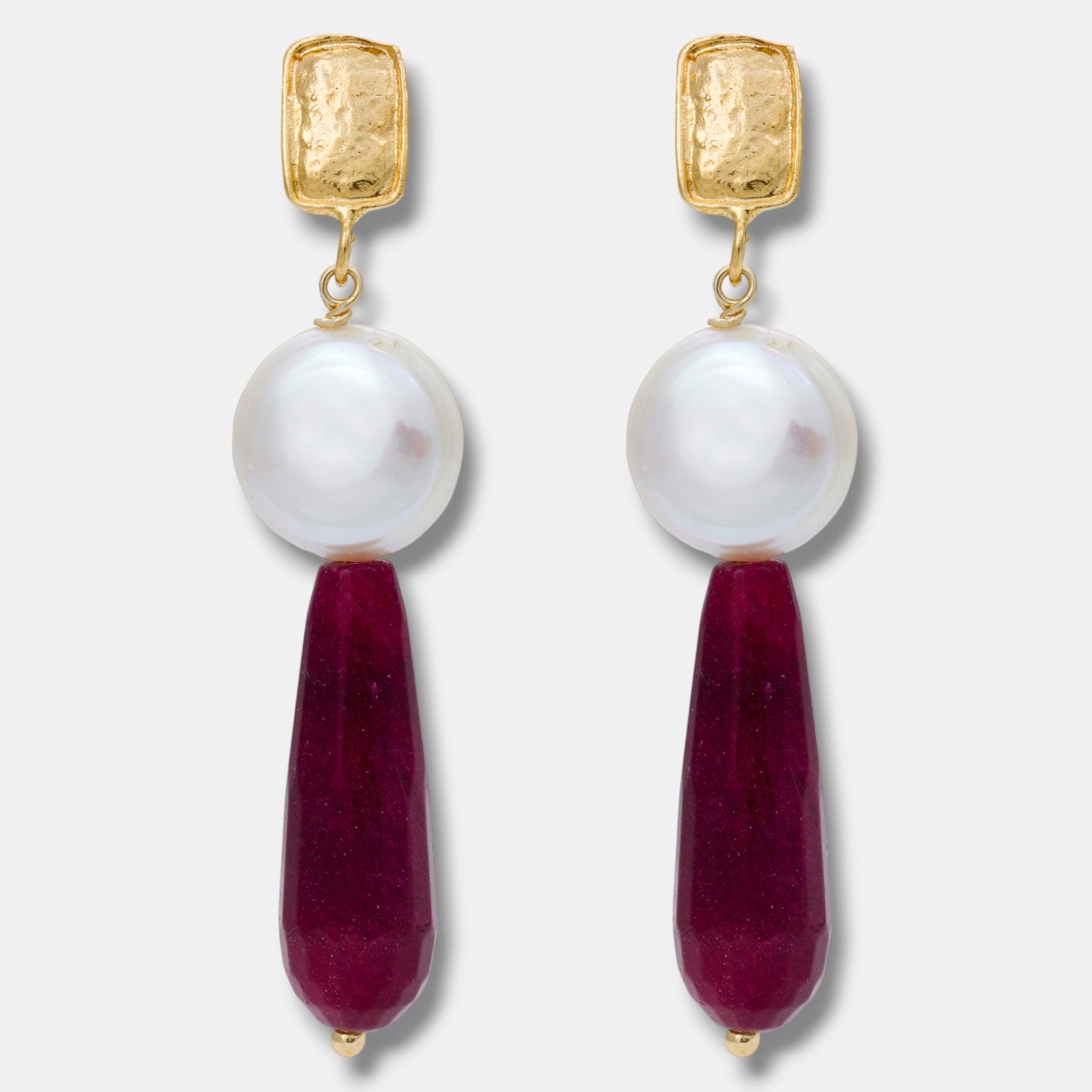 Ruby teardrop earrings with baroque pearls and 18k gold-plated brass setting