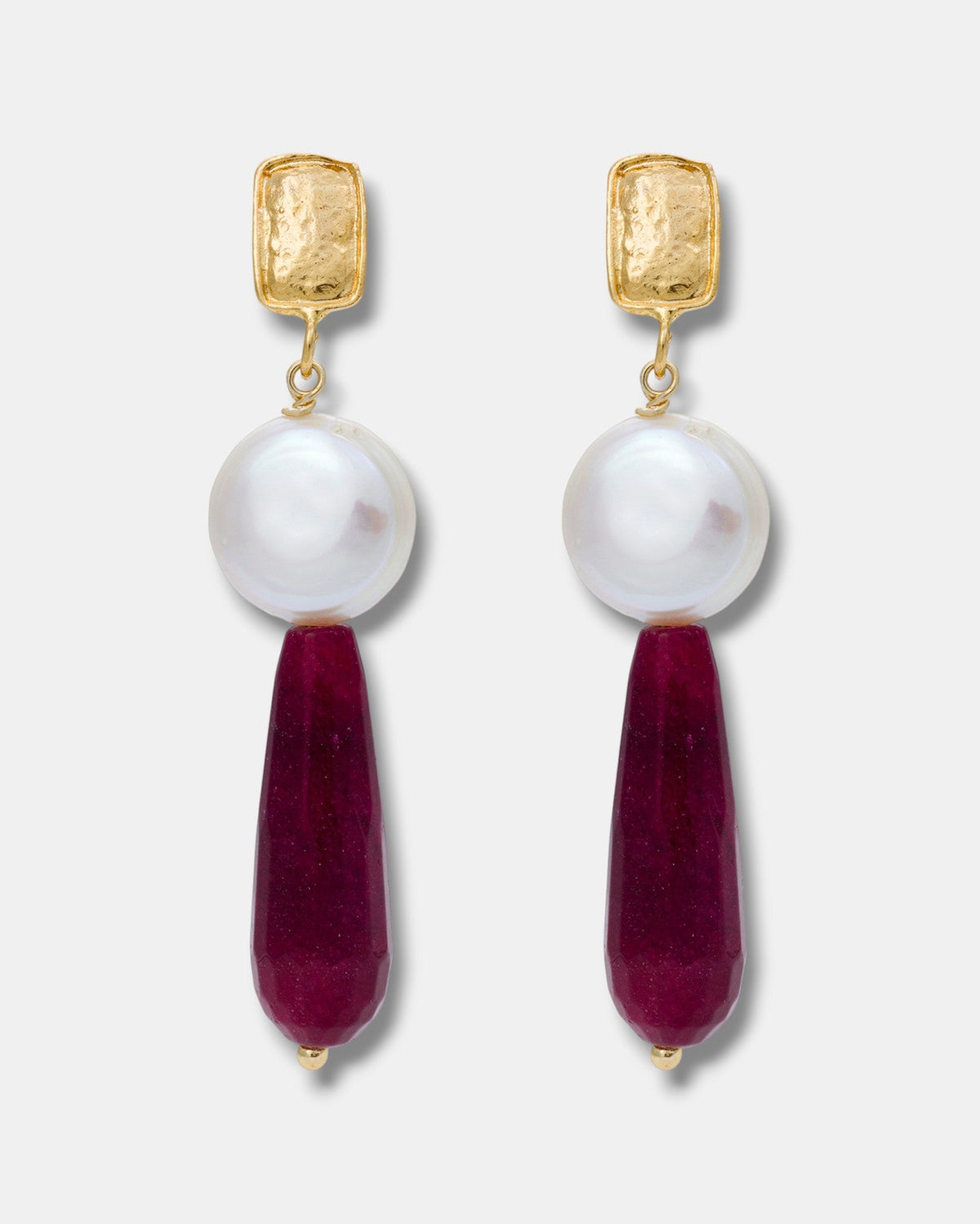 Ruby teardrop earrings with baroque pearls and 18k gold-plated brass setting
