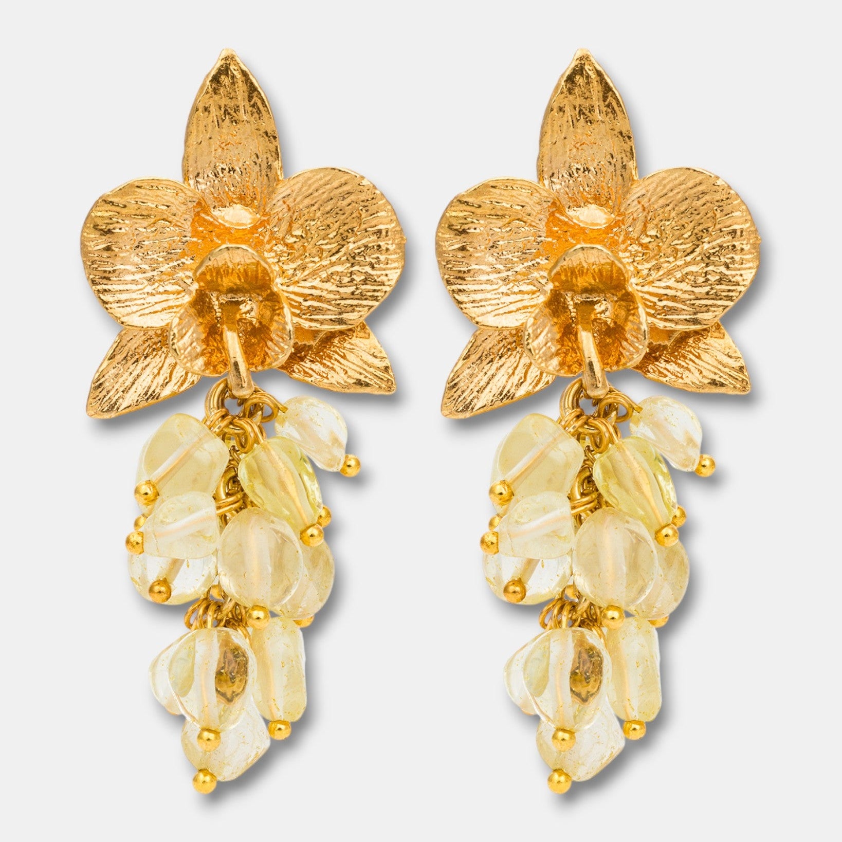Citrine orchid earrings with natural citrine gemstones and 18k gold-plated floral design