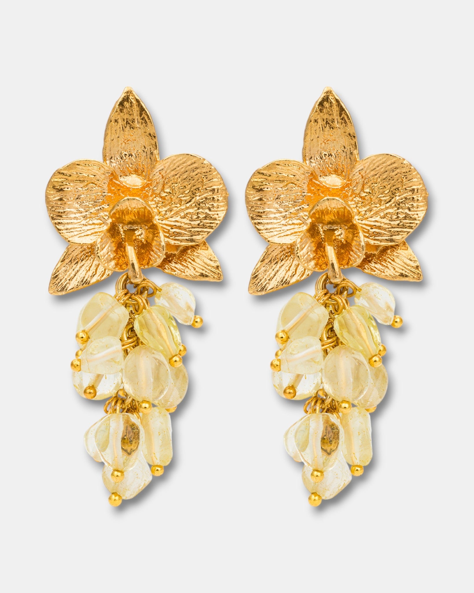 Citrine orchid earrings with natural citrine gemstones and 18k gold-plated floral design