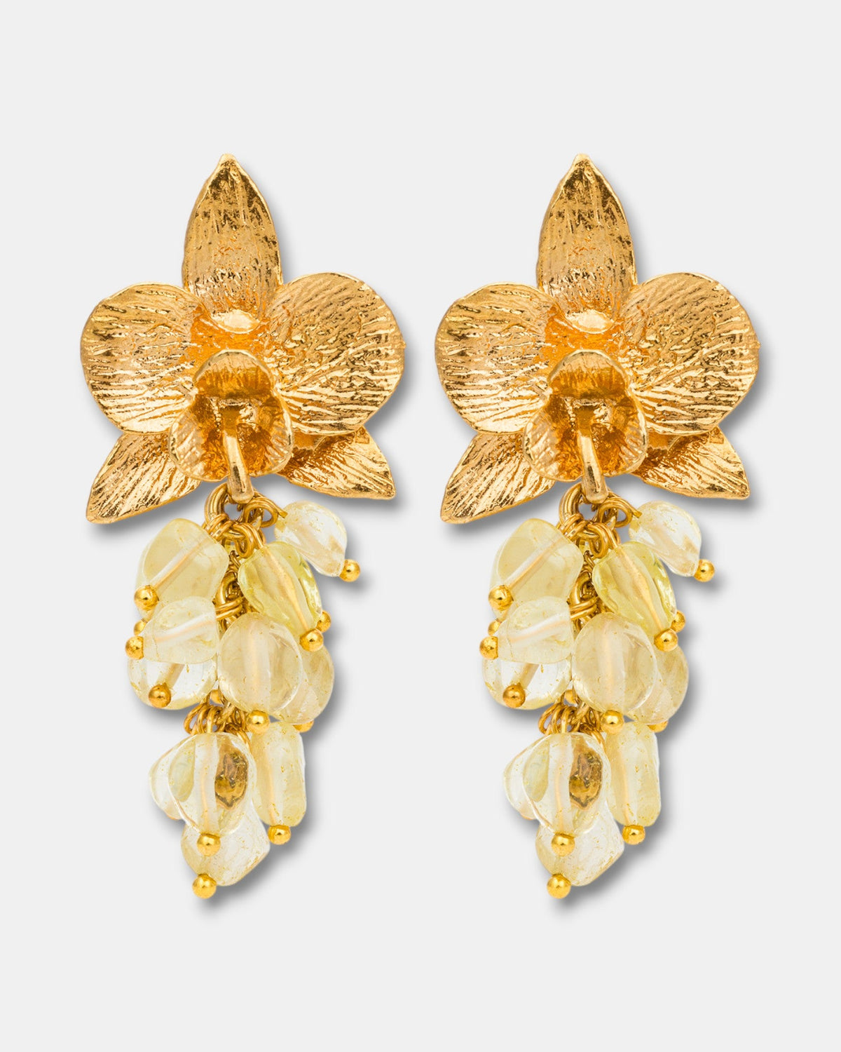 Citrine orchid earrings with natural citrine gemstones and 18k gold-plated floral design